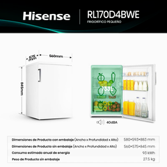 Frigorífico de 1 Puerta Hisense RL170D4BWE Blanco - 133 L, Eficiencia E y puerta reversible