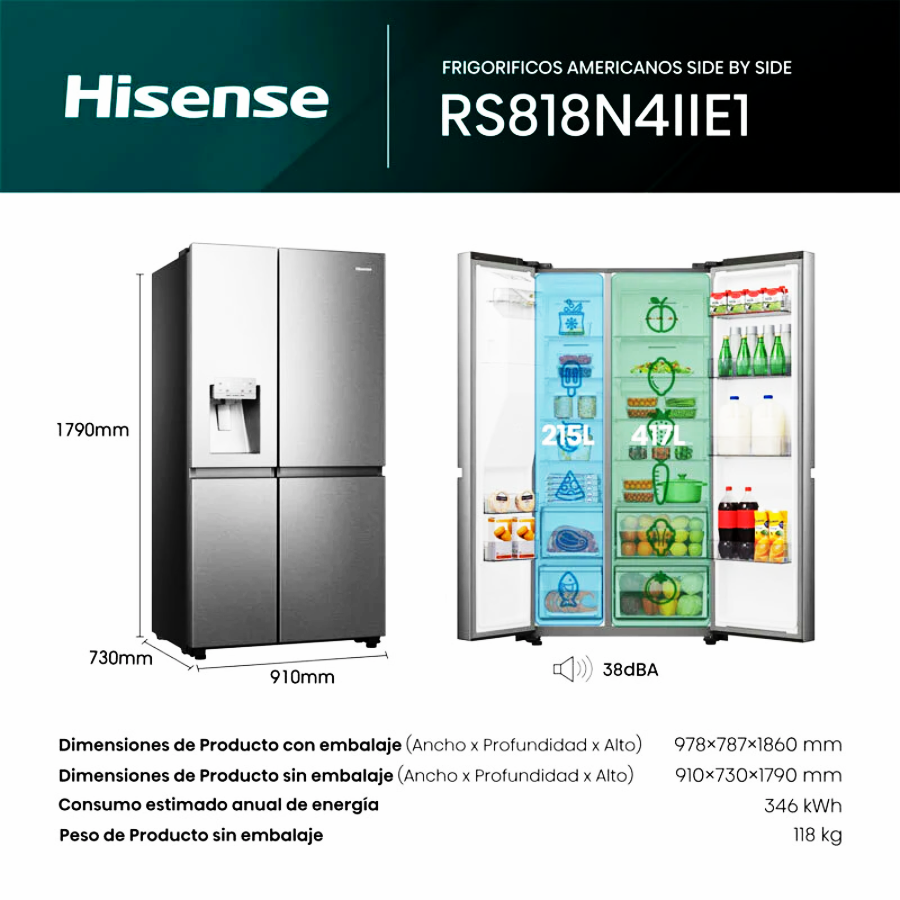 Frigorífico Americano Hisense RS818N4IIE1 Inox - >600 L, No Frost, Doble Circuito de Frío y WiFi